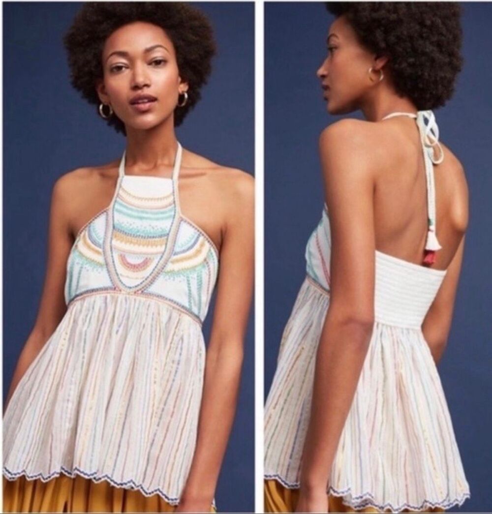 Anthropologie Floreat Ivory Itzel Halter Embroidered Babydoll Tank Top Size 4
